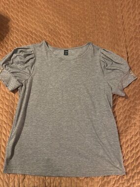 Gray Puff-Sleeve Crewneck Top - sleeve button detail